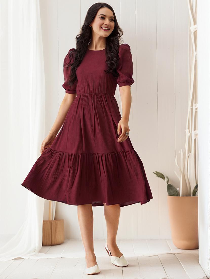 women round neck solid tiered dress - 21647264 - Zoom Image - 0