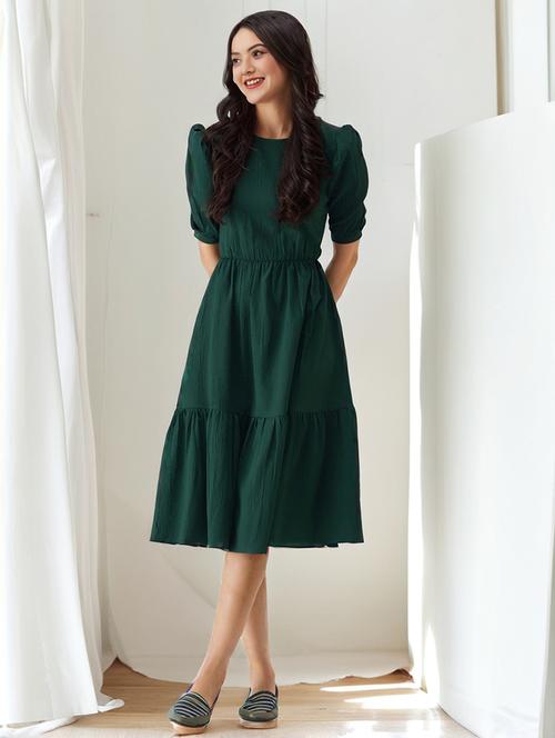 women solid puff sleeves tiered dress - 21647265 - Standard Image - 0