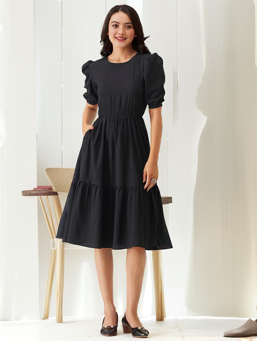 women solid puff sleeves tiered dress - 21647266 -  Zoom Image - 0
