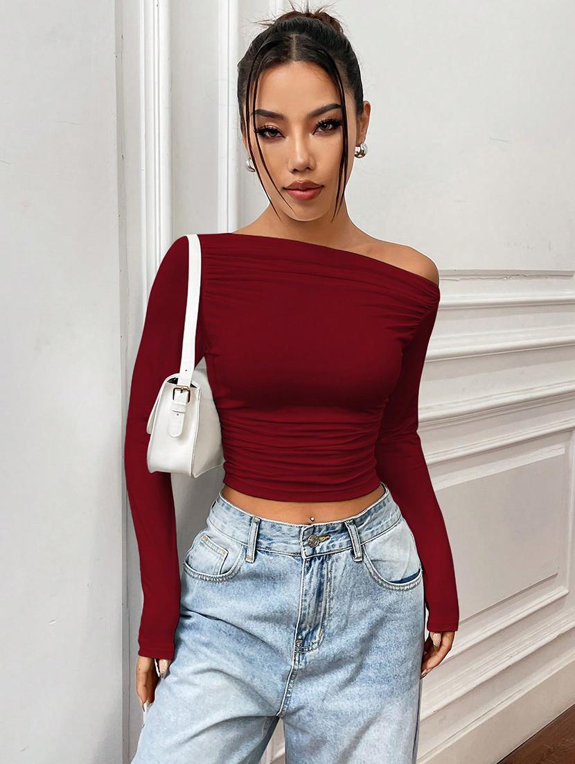 women solid long sleeves crop top