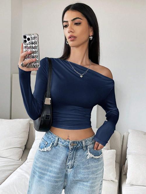 women solid long sleeves crop top - 21647283 - Standard Image - 0