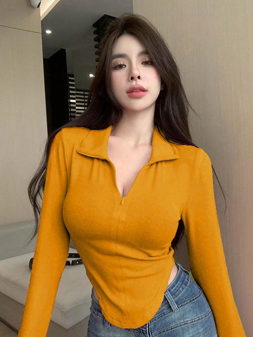 women yellow solid rib knit asymmetric top - 21647288 -  Standard Image - 0