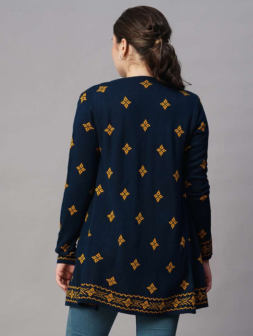 globus women blue lapel collar ethnic motifs self design acrylic hip length winter shrug - 21647404 -  Standard Image - 2