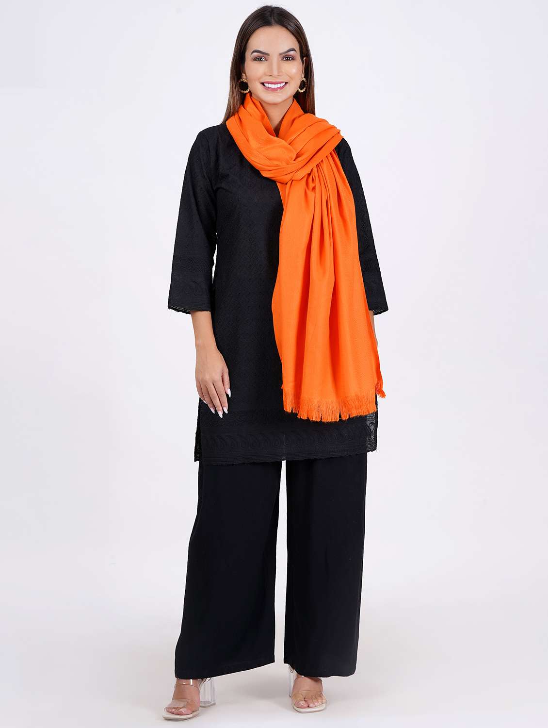 women elegant solid shawls with fringed edges - 21647986 - Standard Image - 2