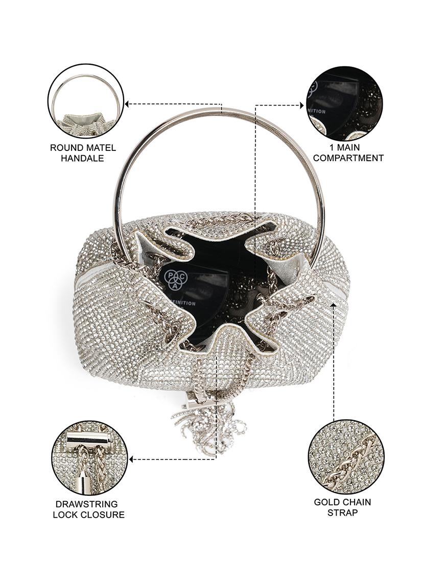women embellished metal handle handheld bag with chain drawstring closure - 21648250 - Standard Image - 2