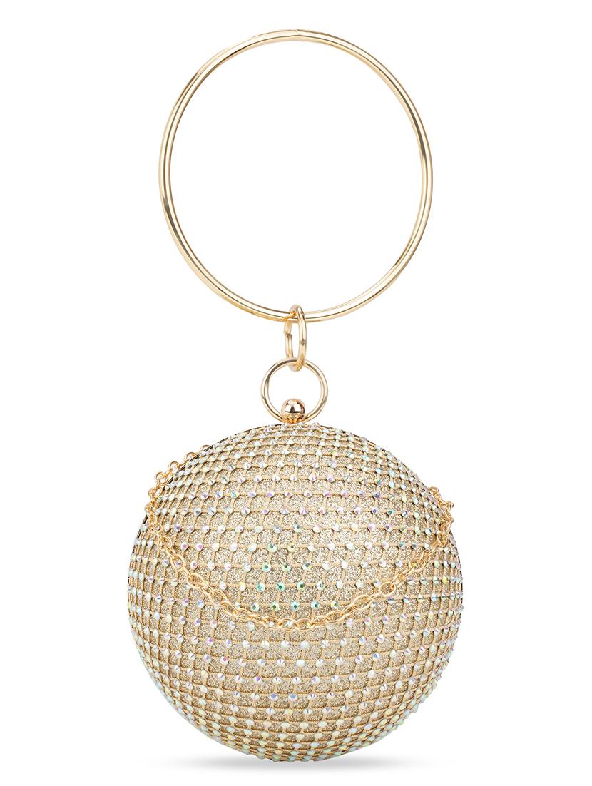 gold women hand-held bag embellished bangle handle small circle party with detachable chain strap - 21648252 - Zoom Image - 0