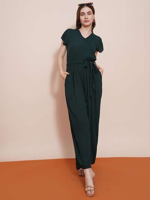 globus women green wrap neck cap sleeves waist tie-up wide-leg jumpsuit