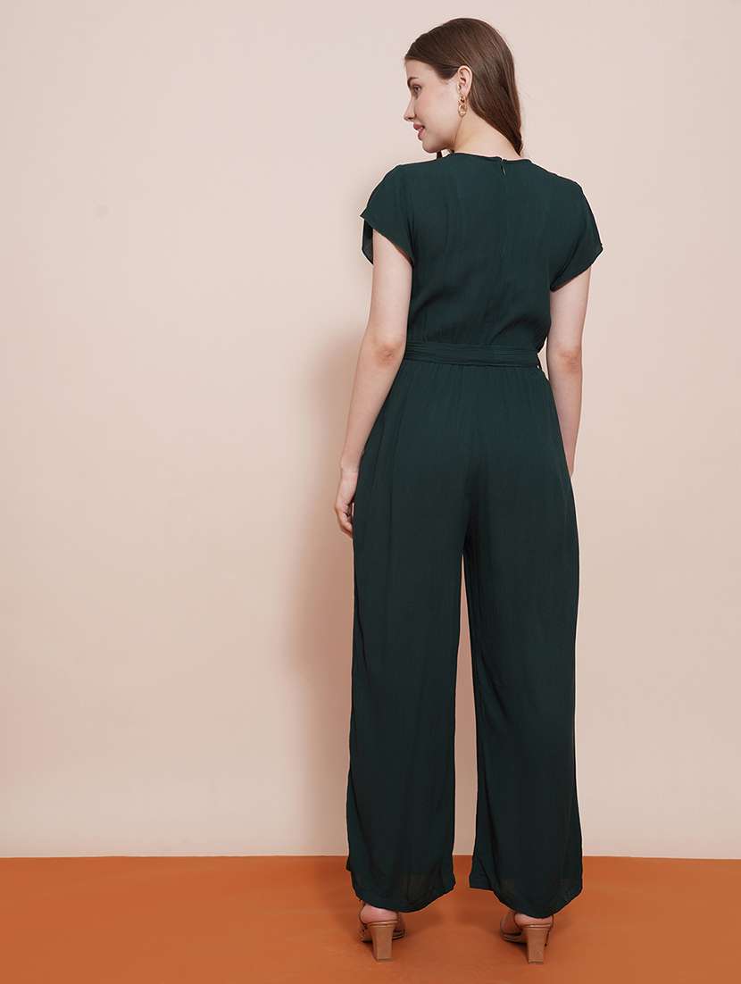 globus women green wrap neck cap sleeves waist tie-up wide-leg jumpsuit - 21648279 -  Standard Image - 2