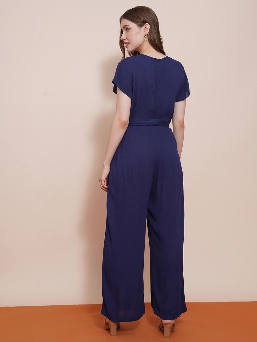 globus women navy blue wrap neck cap sleeves waist tie-up wide-leg jumpsuit - 21648280 - Standard Image - 2