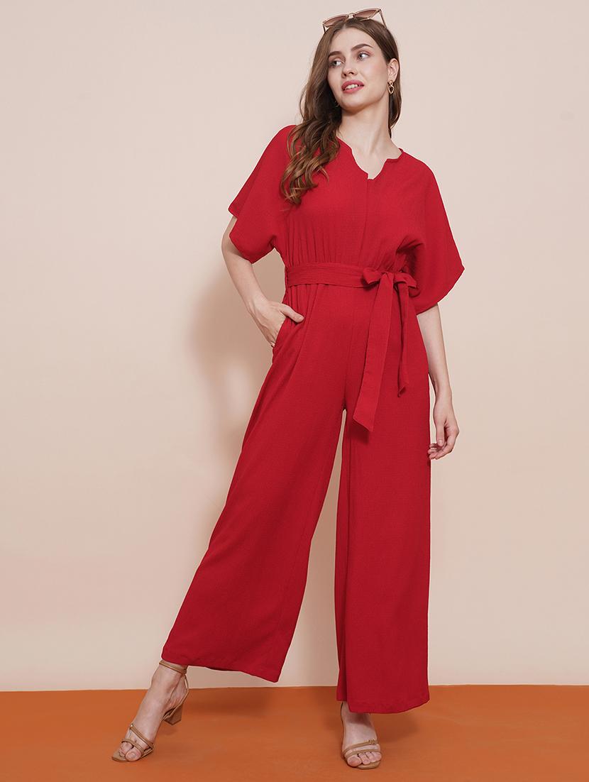 globus women red v-neck kimono sleeves waist tie-up wide-leg jumpsuit - 21648281 - Zoom Image - 0