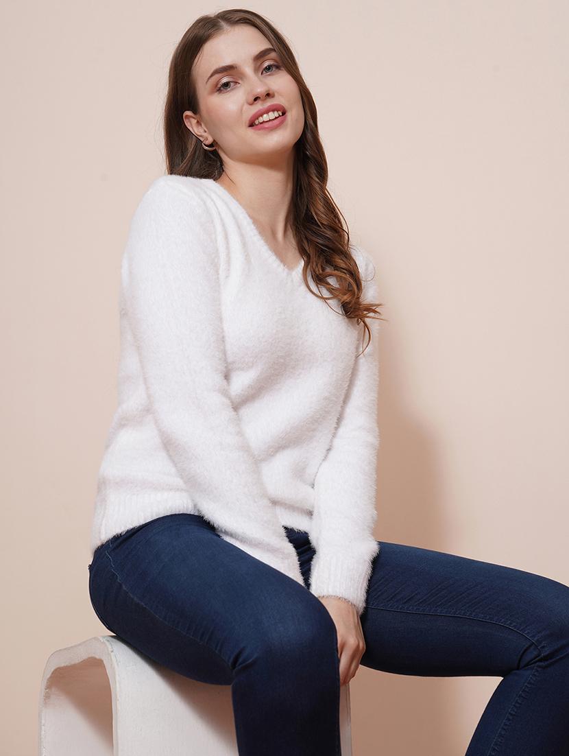 globus women white v-neck full sleeves faux fur knitted ribbed hem pullover sweater - 21648282 - Standard Image - 2