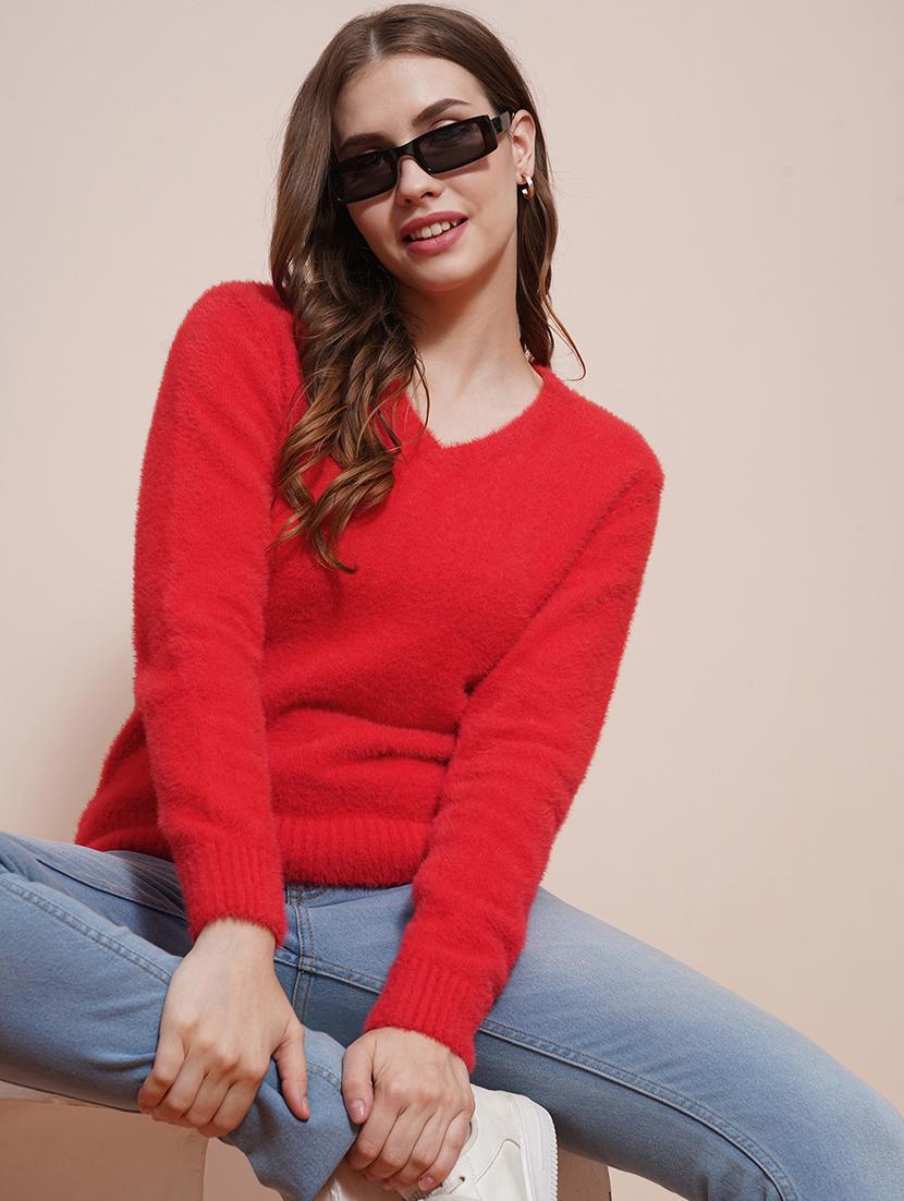 globus women red v-neck full sleeves faux fur knitted ribbed hem pullover sweater - 21648283 - Standard Image - 2