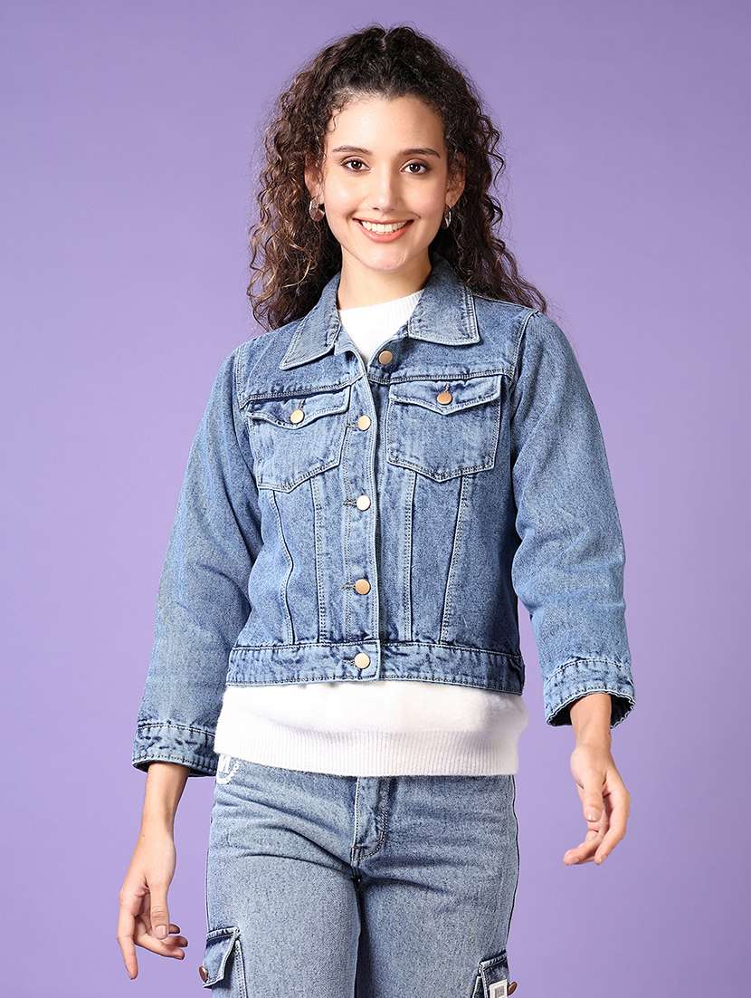 women light blue solid denim summer jacket