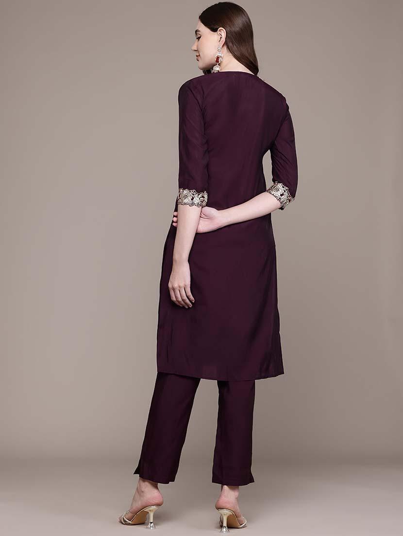 women solid embroidered v neck kurta pant set - 21648660 - Standard Image - 2
