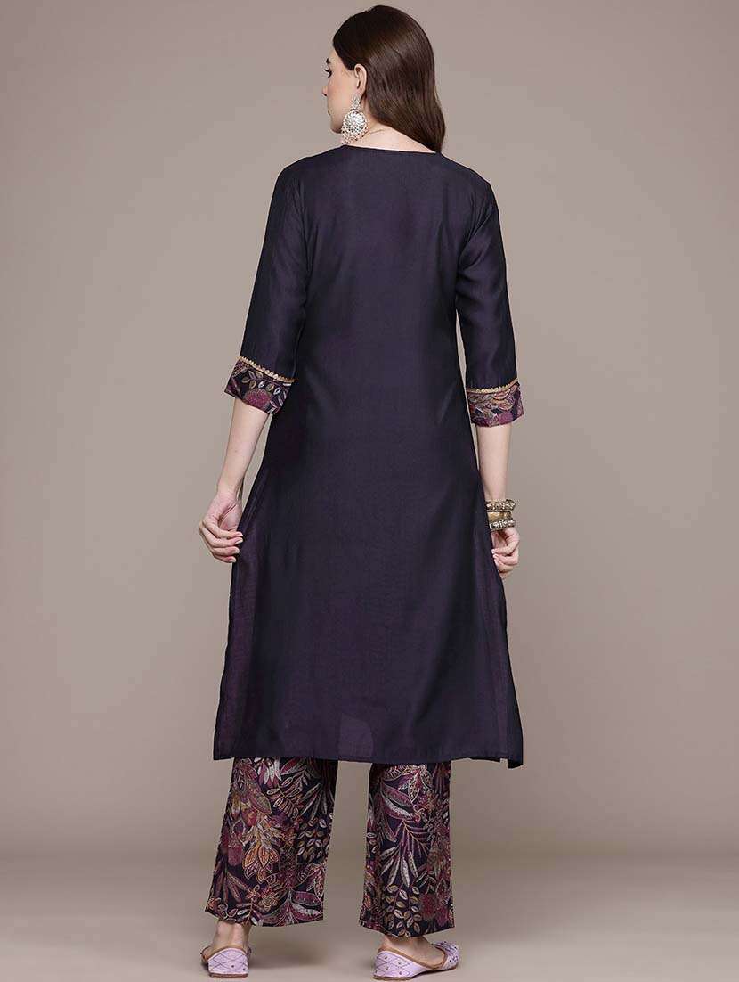 women solid v neck kurta palazzo set - 21648670 -  Standard Image - 2