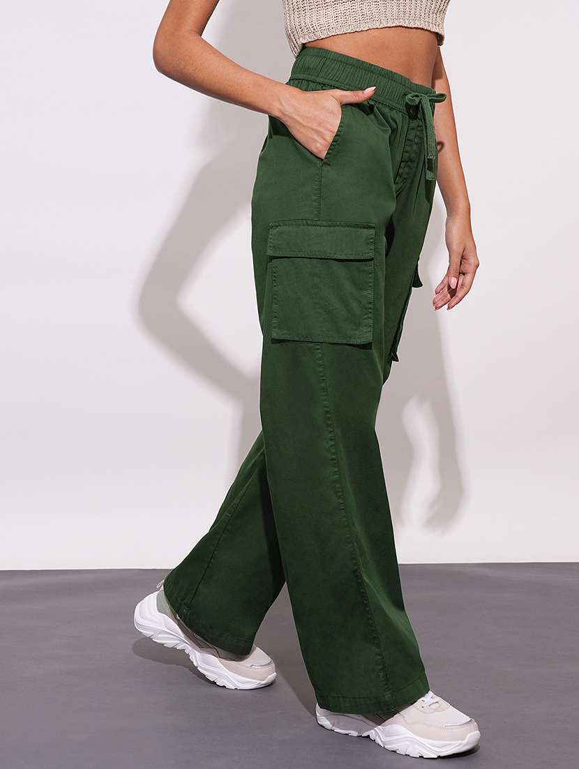 globus women olive cotton high-rise elasticated waist relaxed fit wide leg cargo trousers - 21648719 -  Standard Image - 2