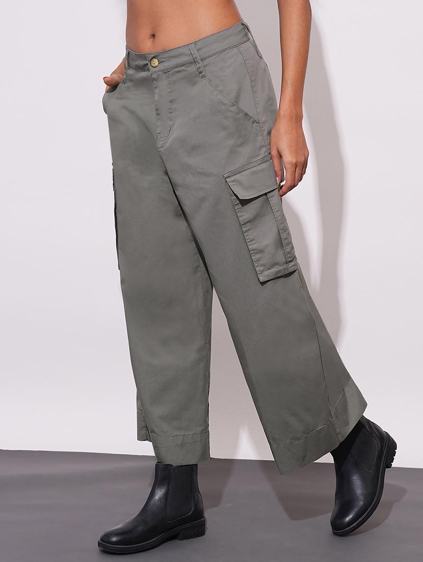 globus women dark grey cotton mid-rise cargo style wide leg trousers - 21648720 - Standard Image - 2