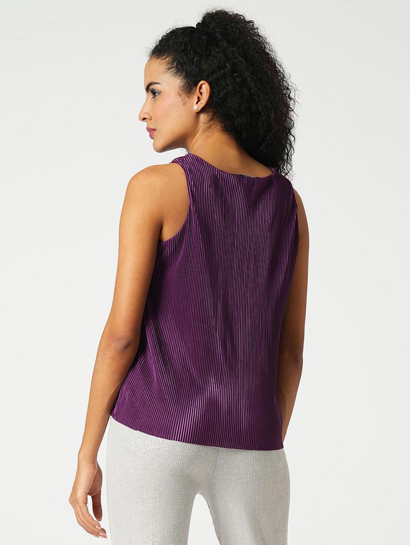 globus women purple round neck sleeveless accordian pleats party top - 21648723 - Standard Image - 2
