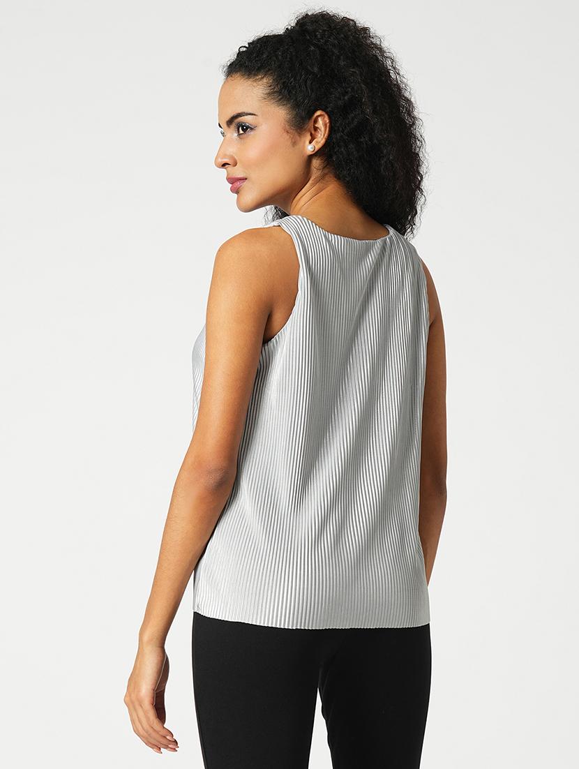 globus women silver round neck sleeveless accordian pleats party top - 21648724 - Standard Image - 2