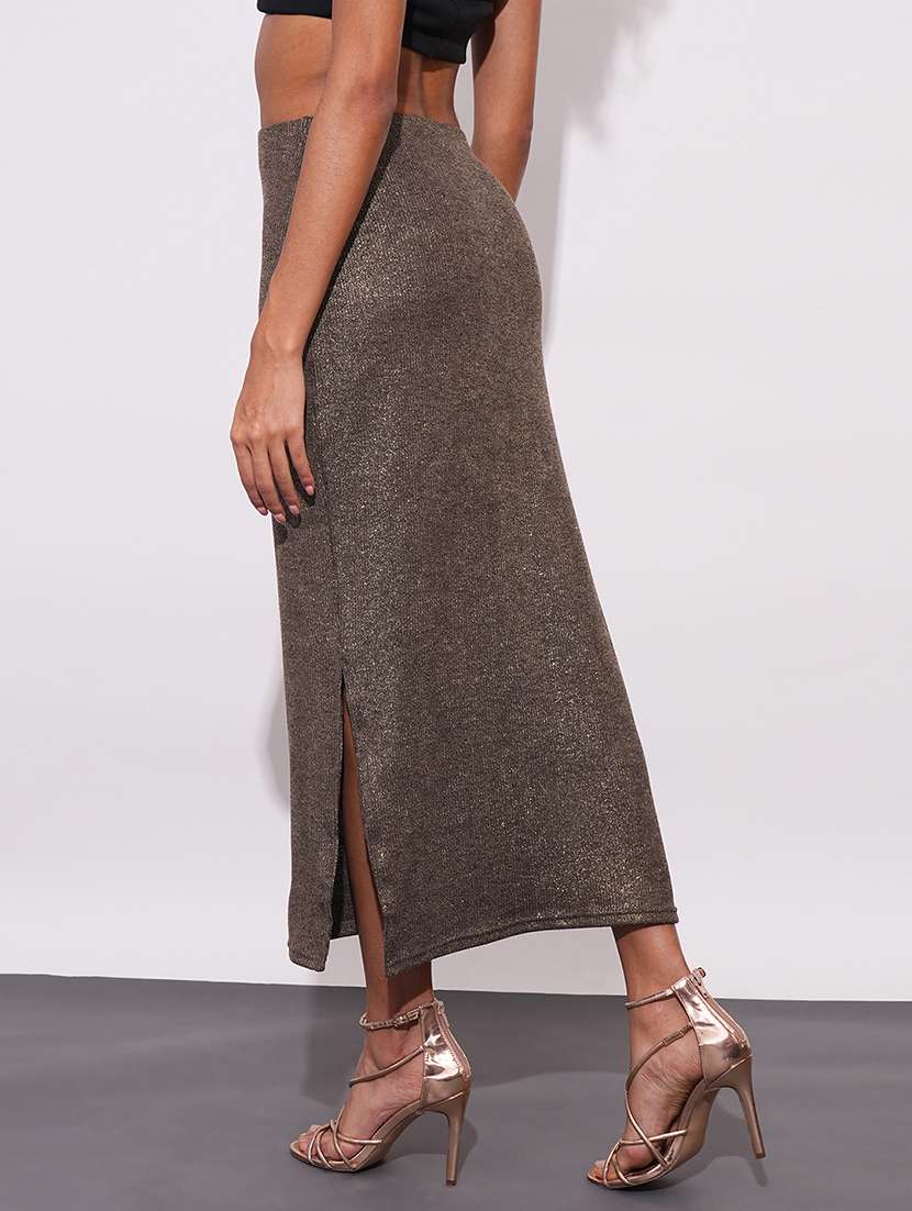 globus women gold sheen self design stretchable mid-rise side slit maxi party pencil skirt - 21648730 -  Standard Image - 2