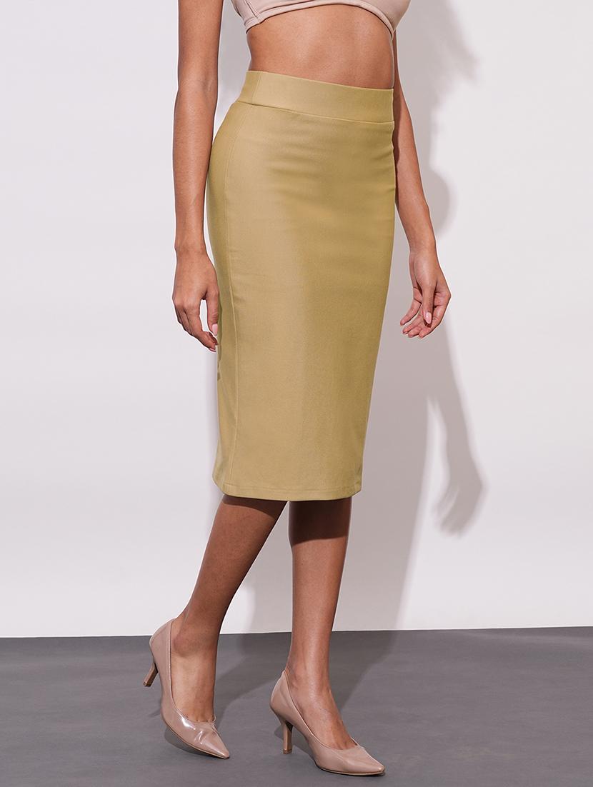 globus women camel stretchable high-rise back slit midi workwear pencil skirt - 21648732 - Standard Image - 2
