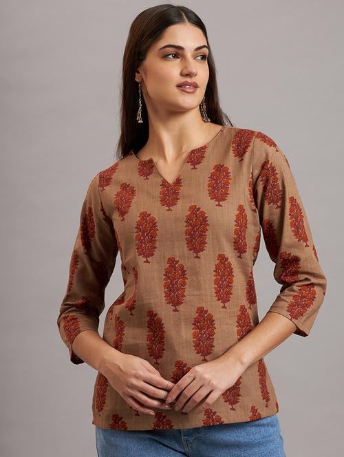 women brown notch neck straight kurti - 21648737 -  Standard Image - 0