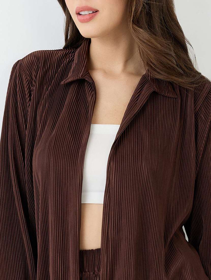 globus women brown accordion pleats shirt with elasticated wide-leg trousers plisse co-ord set - 21648745 -  Standard Image - 2