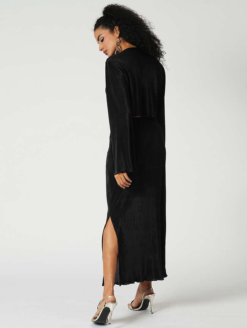 globus women black accordion pleats round neck bell sleeves crop top with side slit maxi skirt party co-ord set - 21648749 -  Standard Image - 2