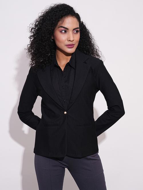 globus women black notch lapel long sleeves stretchable curved hem open front workwear blazer jacket - 21648764 -  Standard Image - 0
