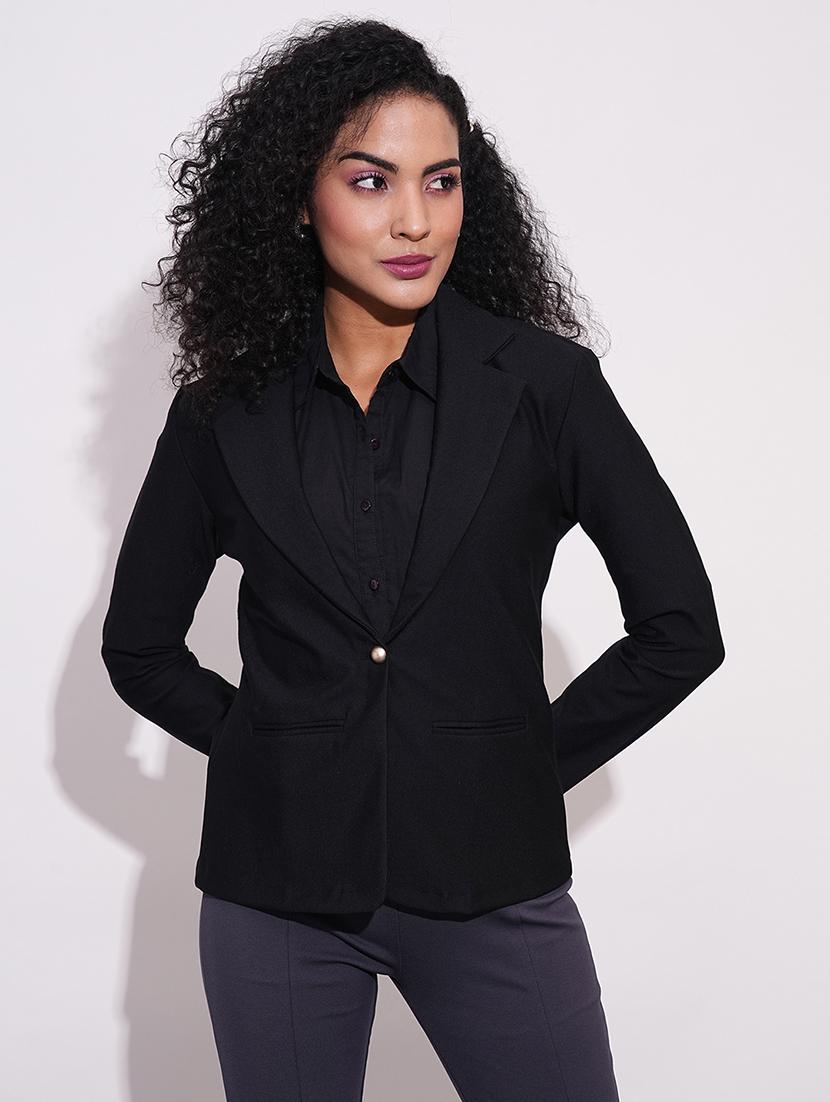 globus women black notch lapel long sleeves stretchable curved hem open front workwear blazer jacket - 21648764 -  Zoom Image - 0