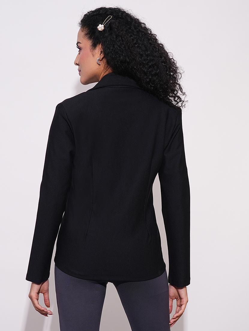 globus women black notch lapel long sleeves stretchable curved hem open front workwear blazer jacket - 21648764 - Standard Image - 2