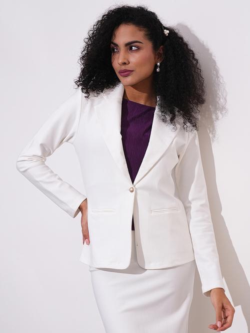 globus women off white notch lapel long sleeves stretchable curved hem open front workwear blazer jacket - 21648765 - Standard Image - 0