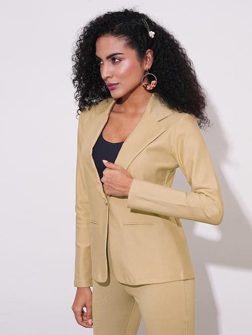 globus women camel notch lapel long sleeves stretchable curved hem open front workwear blazer jacket - 21648766 - Standard Image - 0