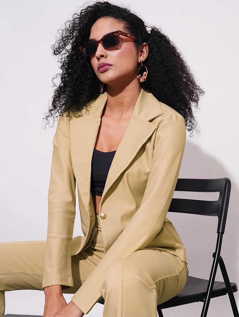 globus women camel notch lapel long sleeves stretchable curved hem open front workwear blazer jacket - 21648766 - Standard Image - 2