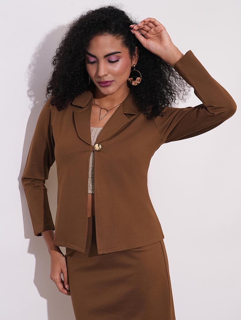 globus women coffee notch lapel long sleeves stretchable straight hem open front workwear blazer jacket - 21648767 - Zoom Image - 0
