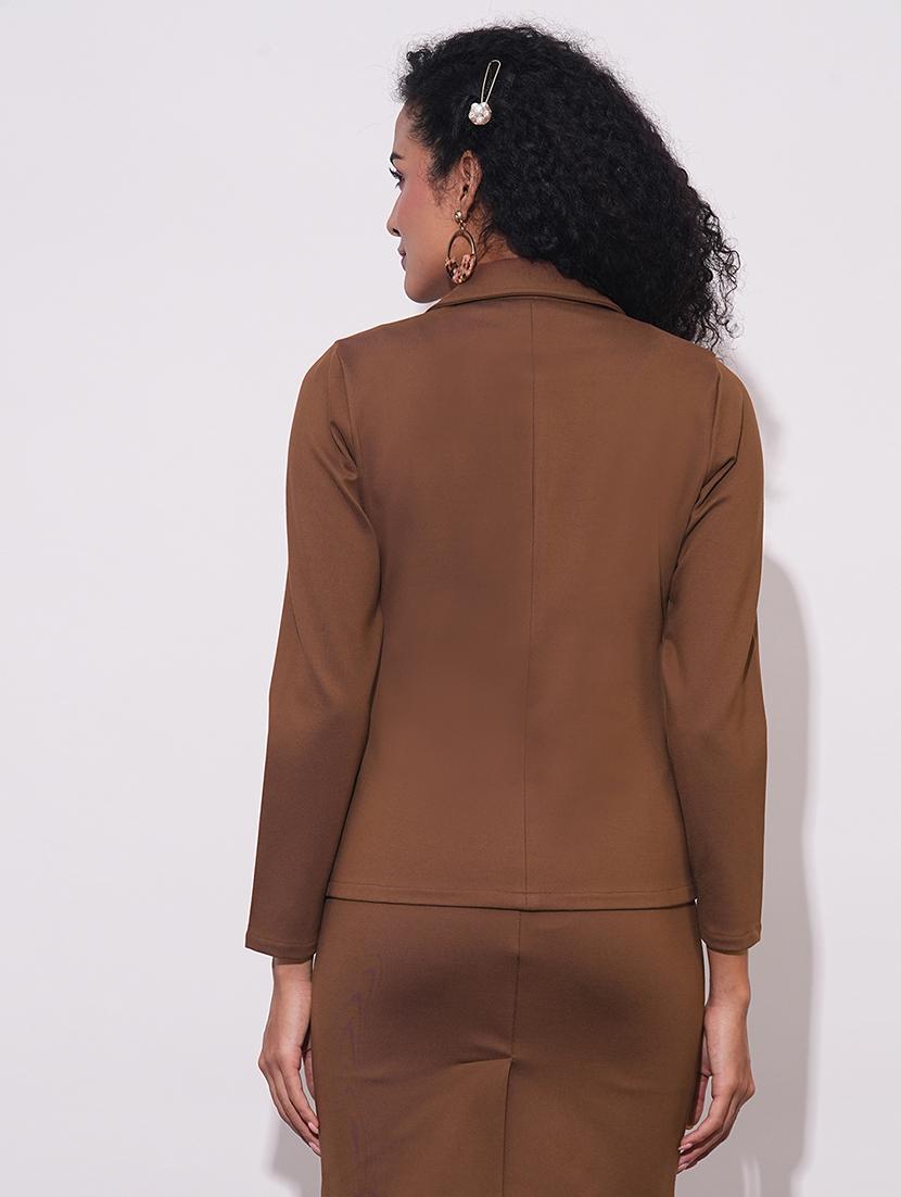 globus women coffee notch lapel long sleeves stretchable straight hem open front workwear blazer jacket - 21648767 - Standard Image - 2