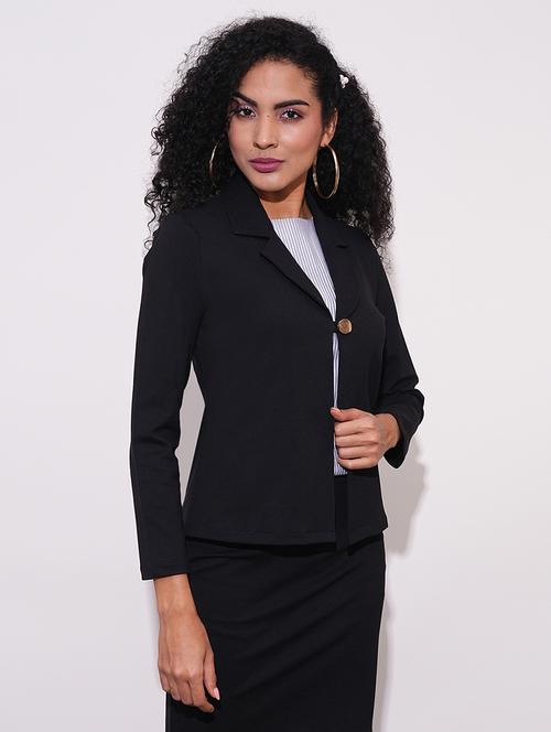 globus women black notch lapel long sleeves stretchable straight hem open front workwear blazer jacket - 21648768 - Standard Image - 0