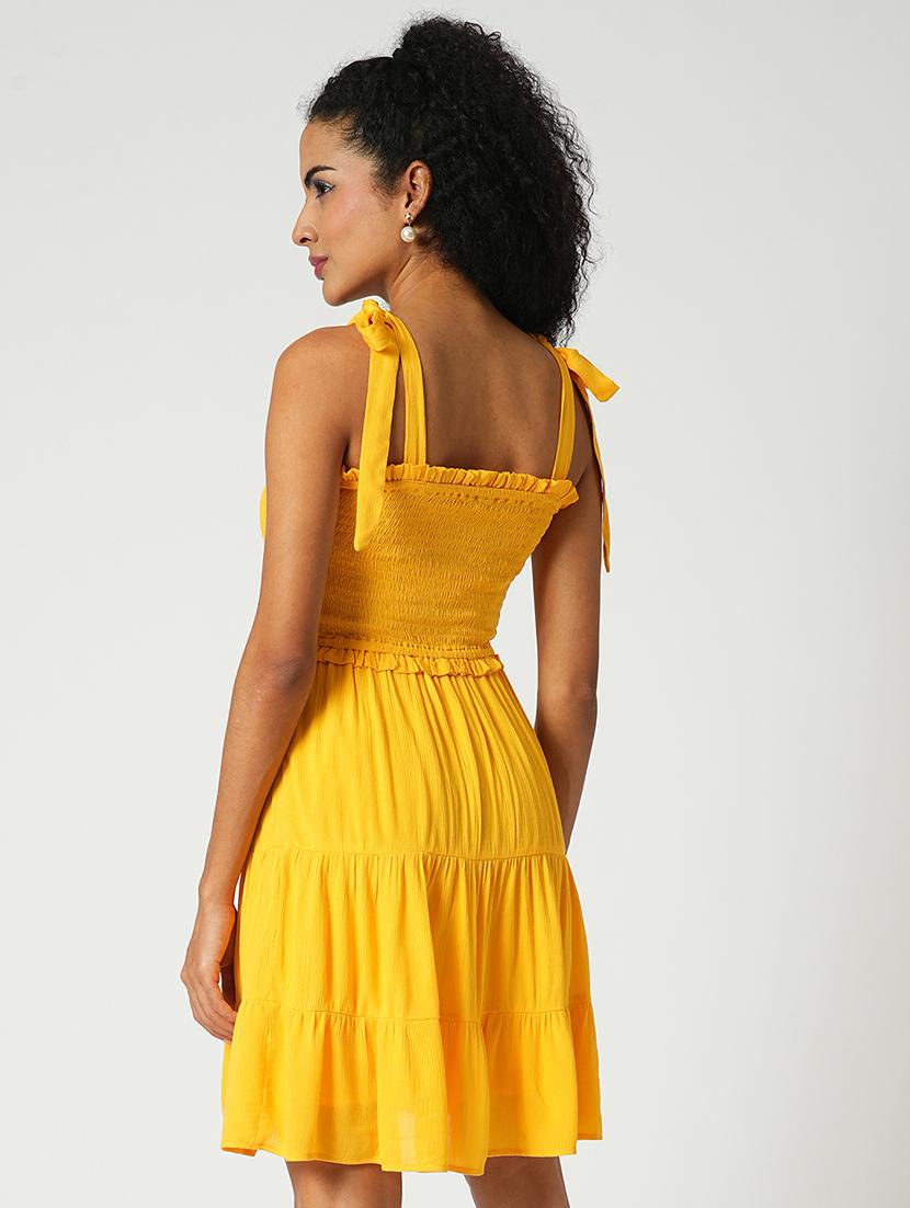 globus women yellow square neck tie-up sleeves smocked fit & flare tiered dress - 21648771 - Standard Image - 2