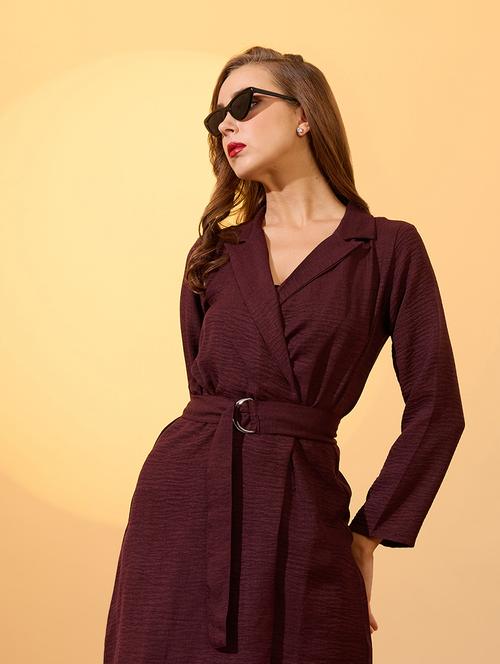 globus women maroon self design notched collar long sleeves wrap belted workwear dress - 21648773 - Standard Image - 0