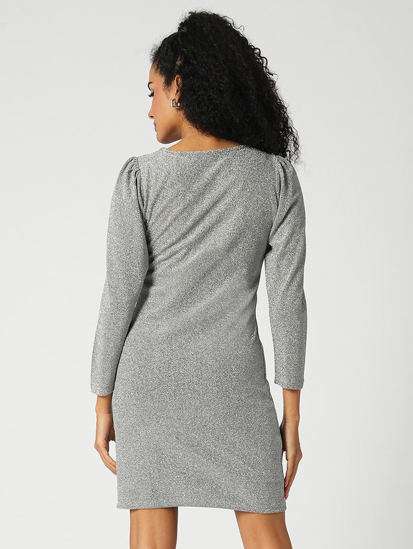 globus women silver round neck puff sleeves shimmer mini bodycon party dress - 21648774 - Standard Image - 2