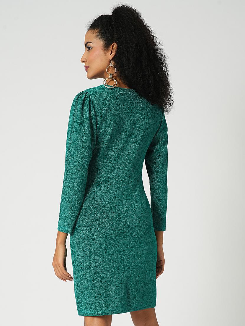 globus women green round neck puff sleeves shimmer mini bodycon party dress - 21648775 - Standard Image - 2