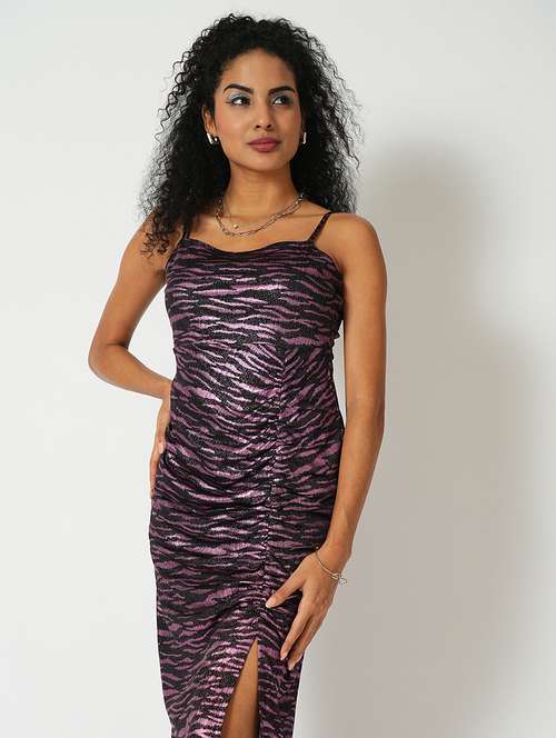 globus women pink animal textured square neck strappy shoulder ruched midi bodycon party dress - 21648778 -  Standard Image - 0