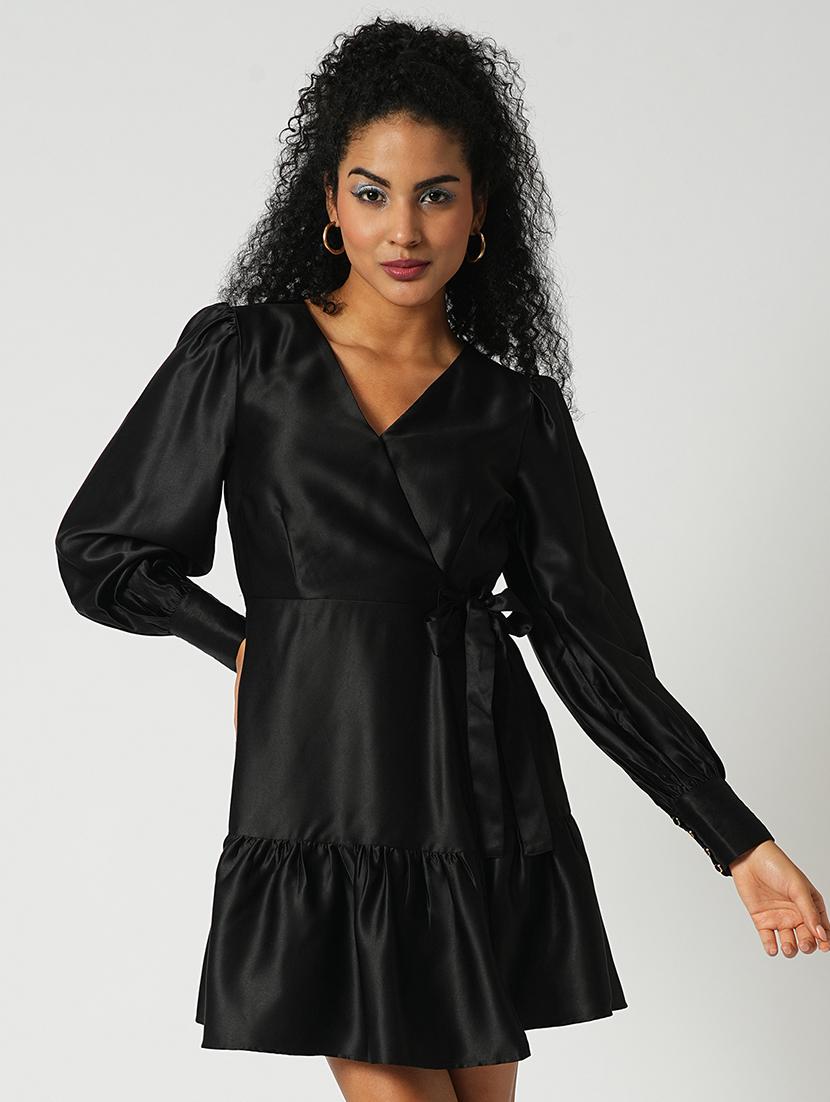 globus women black wrap neck cuffed sleeves tiered satin mini party dress