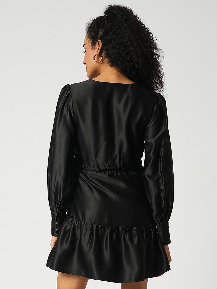 globus women black wrap neck cuffed sleeves tiered satin mini party dress - 21648780 - Standard Image - 2
