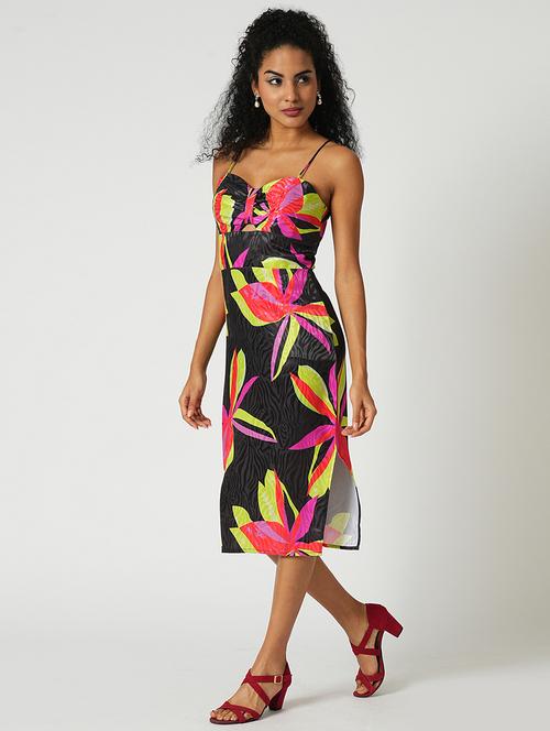 globus women black floral print sweetheart neck strappy shoulder cut-out detail midi bodycon party dress - 21648782 - Standard Image - 0