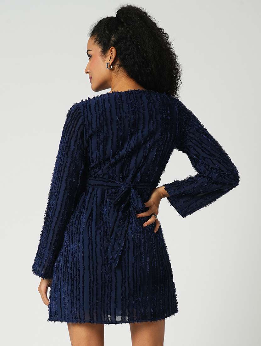 globus women navy blue self textured wrap v-neck sheath mini party dress - 21648783 -  Standard Image - 2