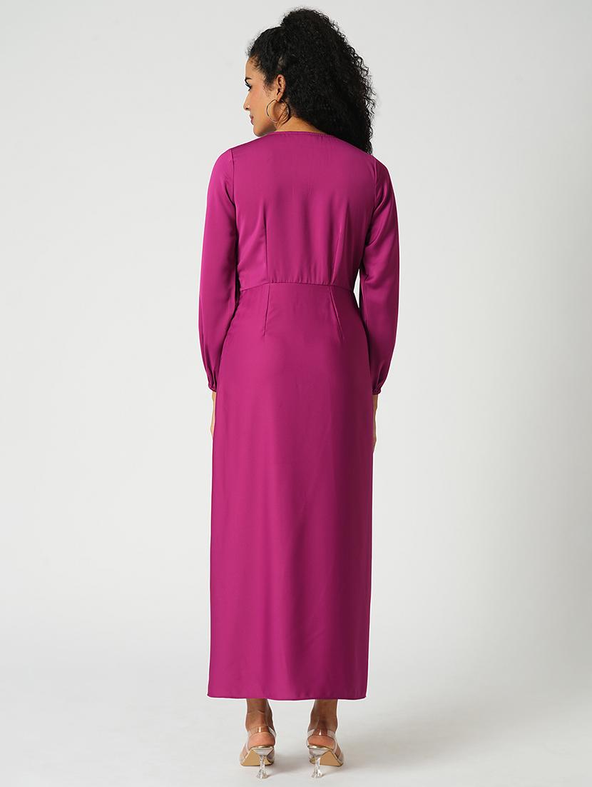 globus women magenta wrap neck full sleeves tulip hem satin midi sheath party dress - 21648785 - Standard Image - 2