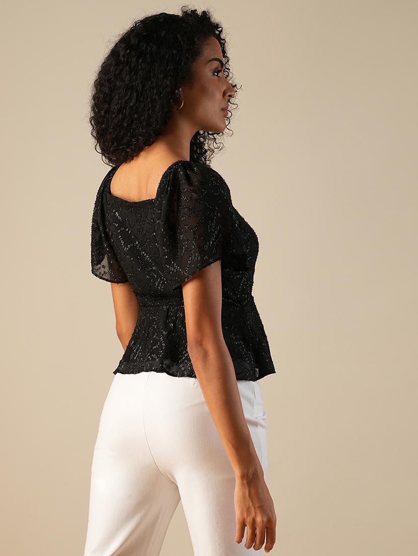 globus women black sweetheart neck puff sleeves shiny self design gathered wrap party top - 21648875 - Standard Image - 2