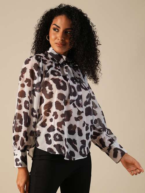 globus women white high neck cuffed sleeves tie-up detail animal printed georgette party top - 21648879 -  Standard Image - 0