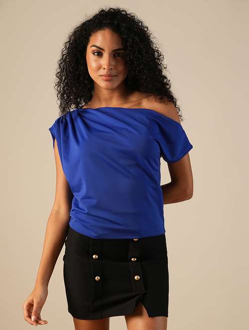globus women blue one shoulder extended sleeve solid gather detail party top - 21648882 -  Standard Image - 0